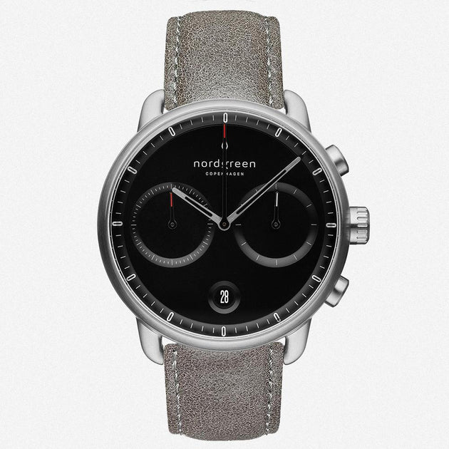 PI42SILEGRBL &Pioneer kronograf ur i sølv - sort skive - patina grå læder urrem