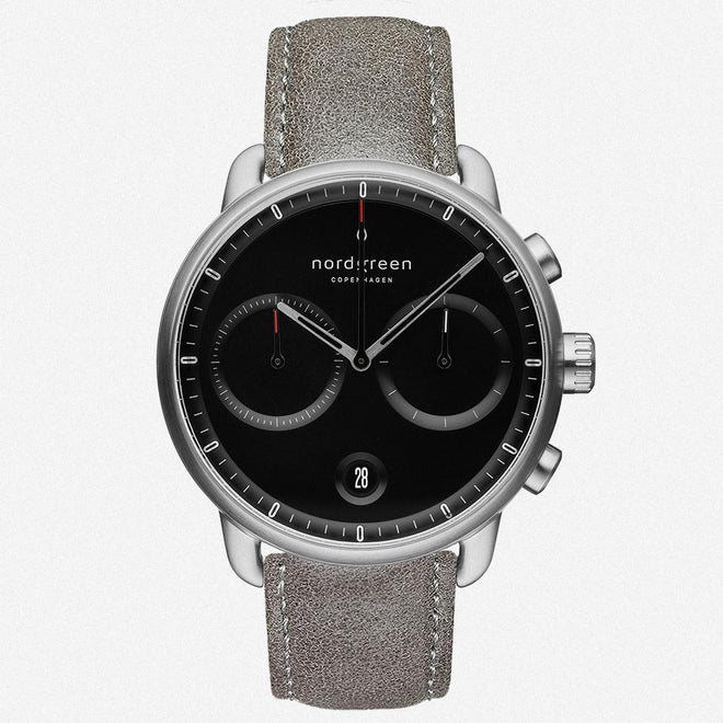 PI42SILEGRBL &Pioneer kronograf ur i sølv - sort skive - patina grå læder urrem