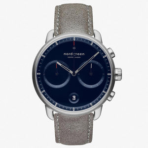 PI42SILEGRNA &Pioneer kronograf ur i sølv - blå skive - patina grå læder urrem