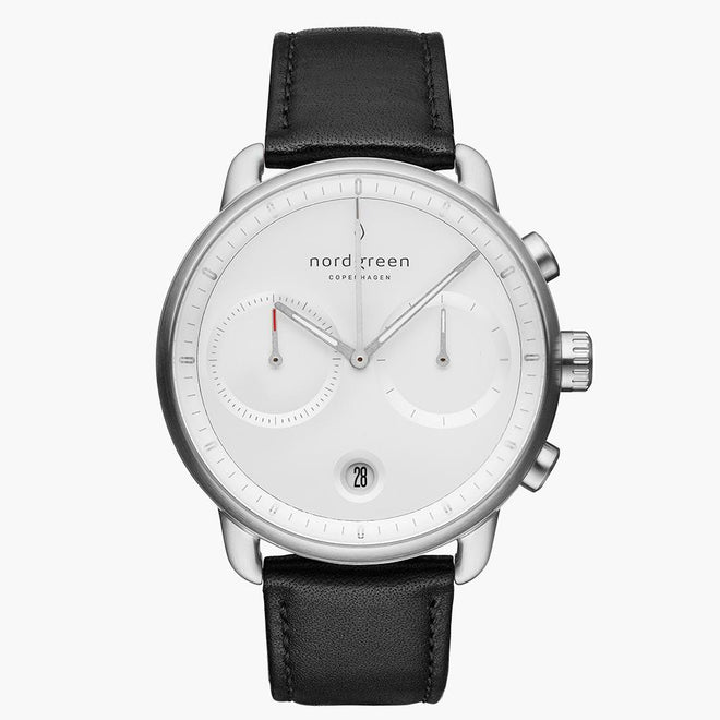 PI42SILEBLXX &Pioneer kronograf ur i sølv - hvid skive - sort læder urrem