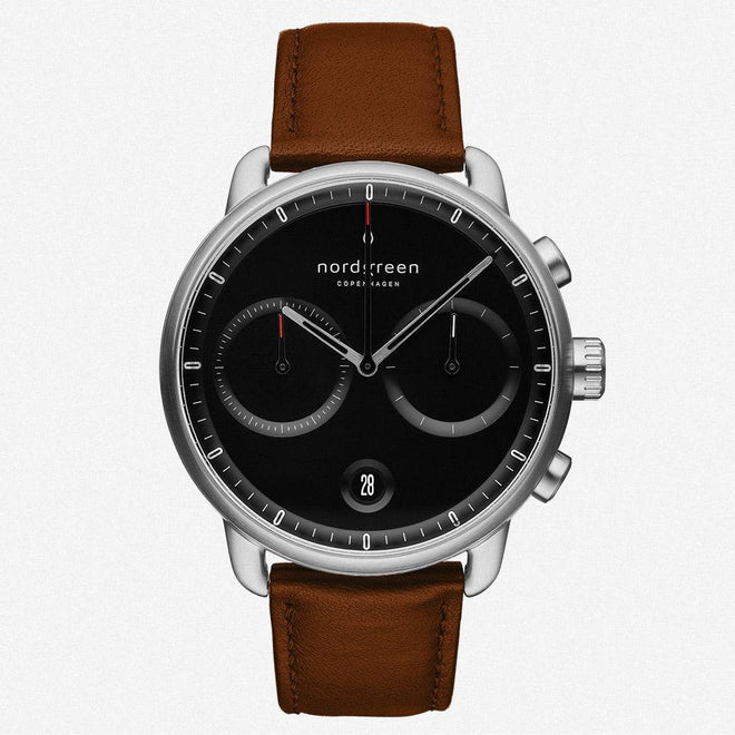 PI42SILEBRBL &Pioneer kronograf ur i sølv - sort skive - brun læder urrem