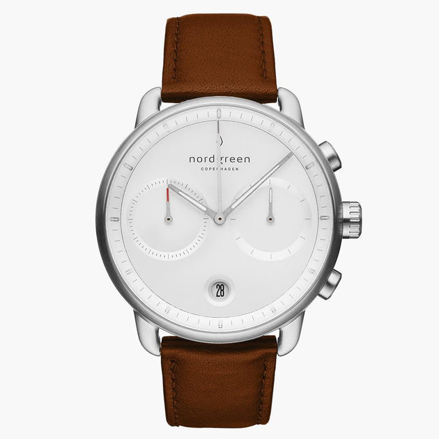 PI42SILEBRXX &Pioneer kronograf ur i sølv - hvid skive - brun læder urrem